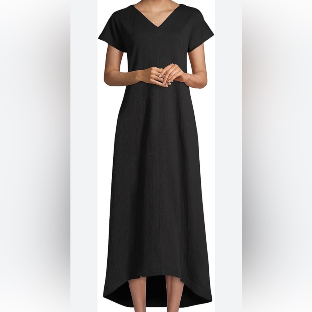 Lands End Plus Crinkle Knit Short Sleeve High Low Midi Dress - Black - 2X